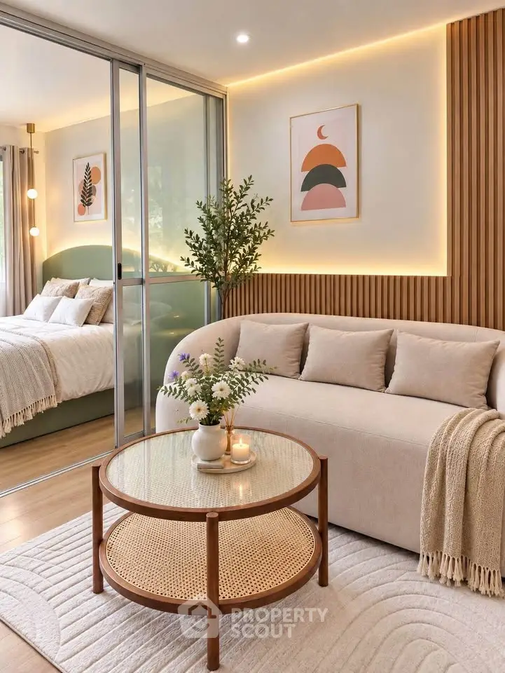 Stylish modern living room with cozy sofa, glass coffee table, and elegant decor leading to a serene bedroom.