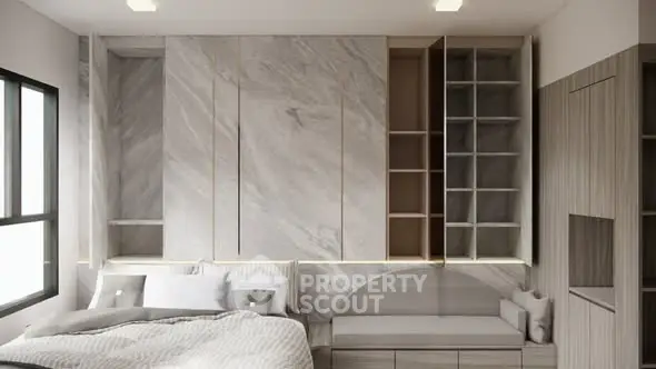 Luxurious modern bedroom with elegant marble wall and built-in storage