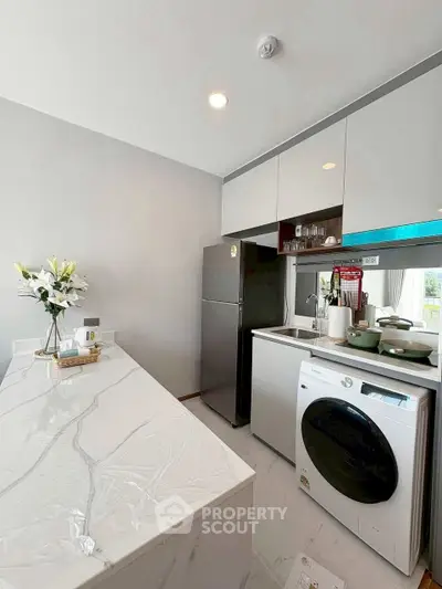 Modern kitchen with sleek appliances and marble countertop, featuring washing machine and fridge.