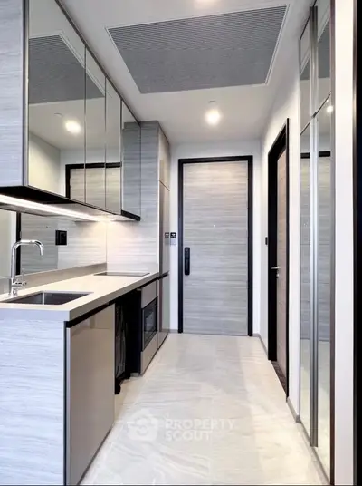 Modern kitchen with sleek cabinetry and built-in appliances in a contemporary apartment.