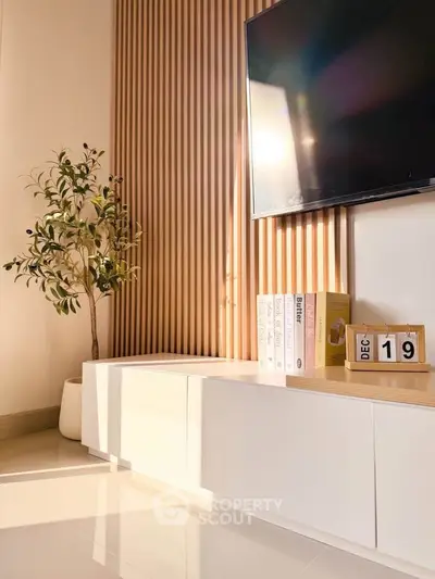 Modern living room with sleek TV setup and stylish decor