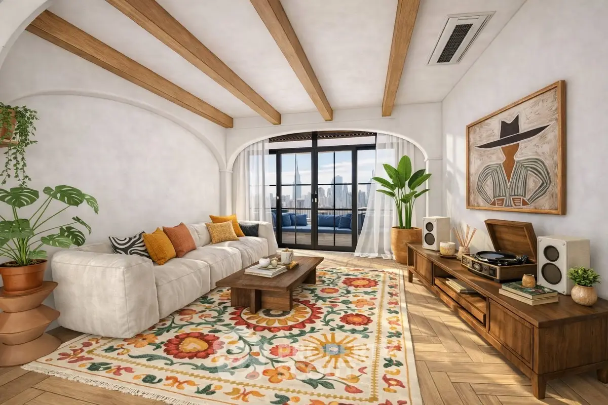 Charming living room with stylish decor, wooden beams, and balcony view, perfect for relaxation and entertainment.
