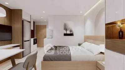 Modern studio apartment with cozy bedroom and open kitchen layout, featuring elegant decor and natural lighting.