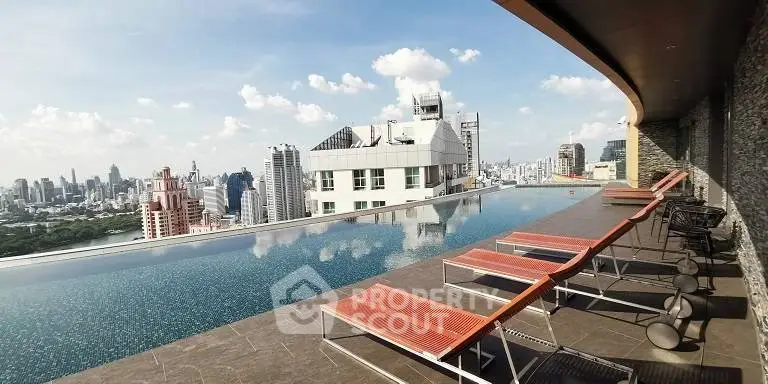 Luxurious rooftop pool with stunning city skyline view and modern lounge chairs.