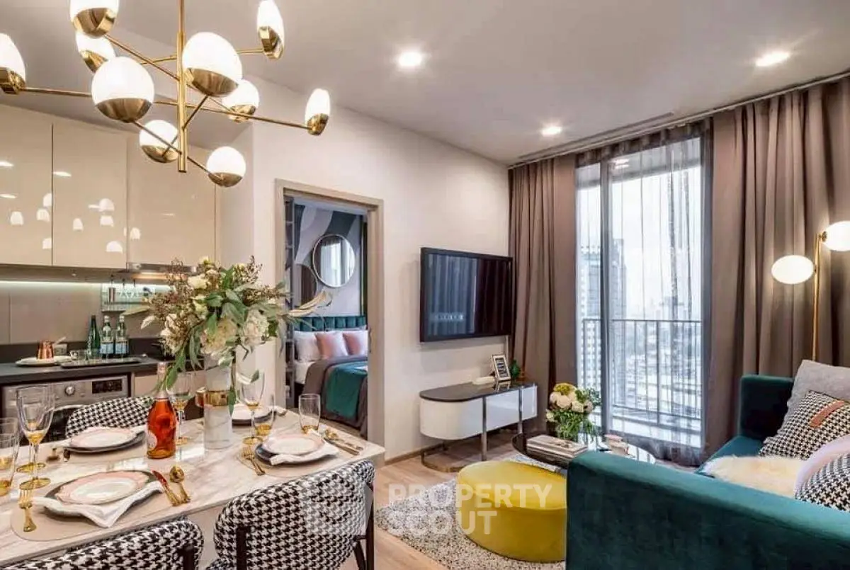 Modern living room with stylish decor and open kitchen layout