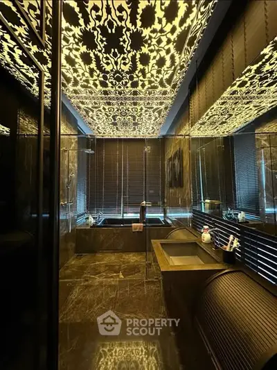 Luxurious bathroom with ornate ceiling and modern fixtures
