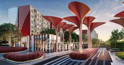 Modern architectural exterior with unique red structures and contemporary building design.