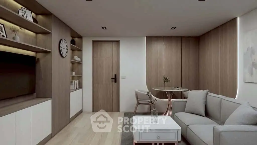 Modern living room with sleek wooden paneling and cozy seating area.