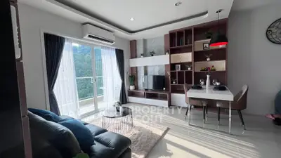 Modern living room with stylish decor and natural light, featuring a cozy seating area and dining space.