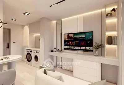 Modern living room with integrated laundry area and sleek entertainment setup