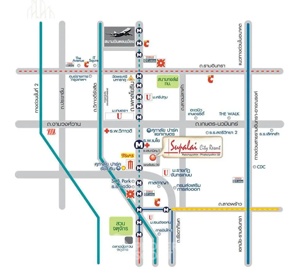 Map showing location of Supalai City Resort with nearby amenities and transportation routes.