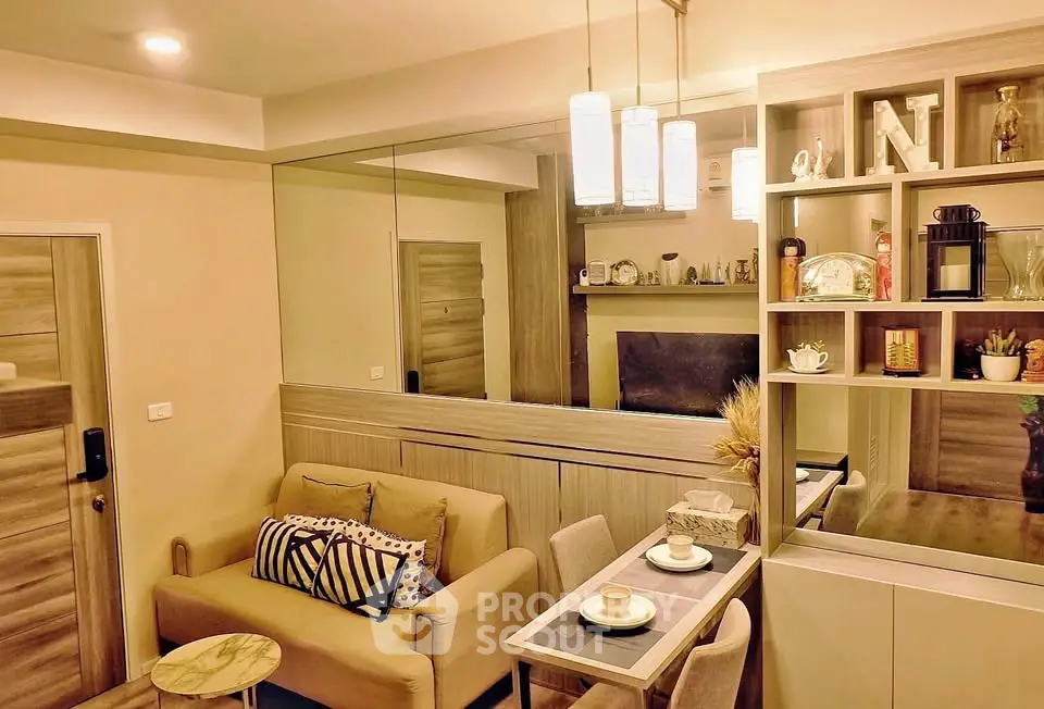 Cozy living room with modern decor and dining area in stylish apartment