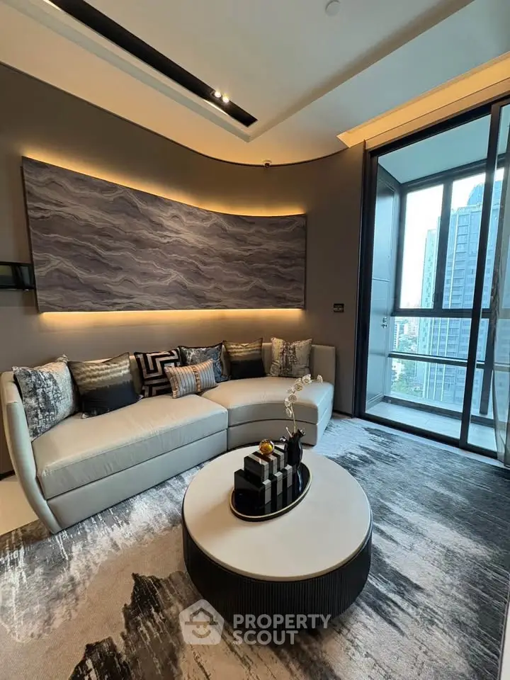 Luxurious living room with modern decor and city view balcony