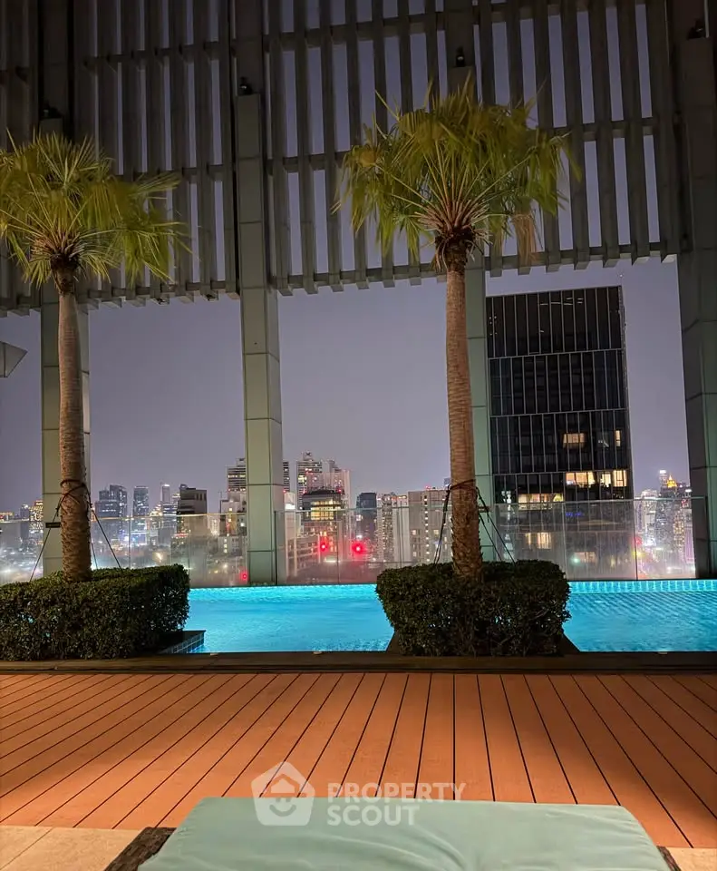 Luxurious rooftop pool with stunning city skyline view at night, perfect for relaxation and entertainment.
