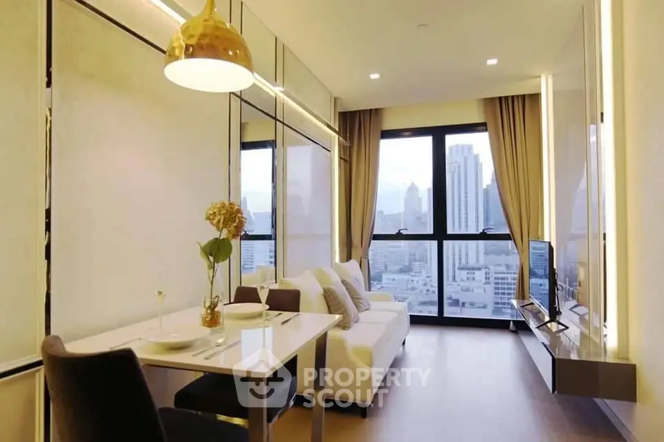 Modern living room with city view, elegant decor, and dining area in luxury apartment.
