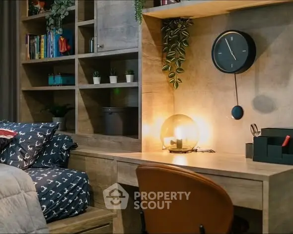 Cozy bedroom with stylish desk and modern decor