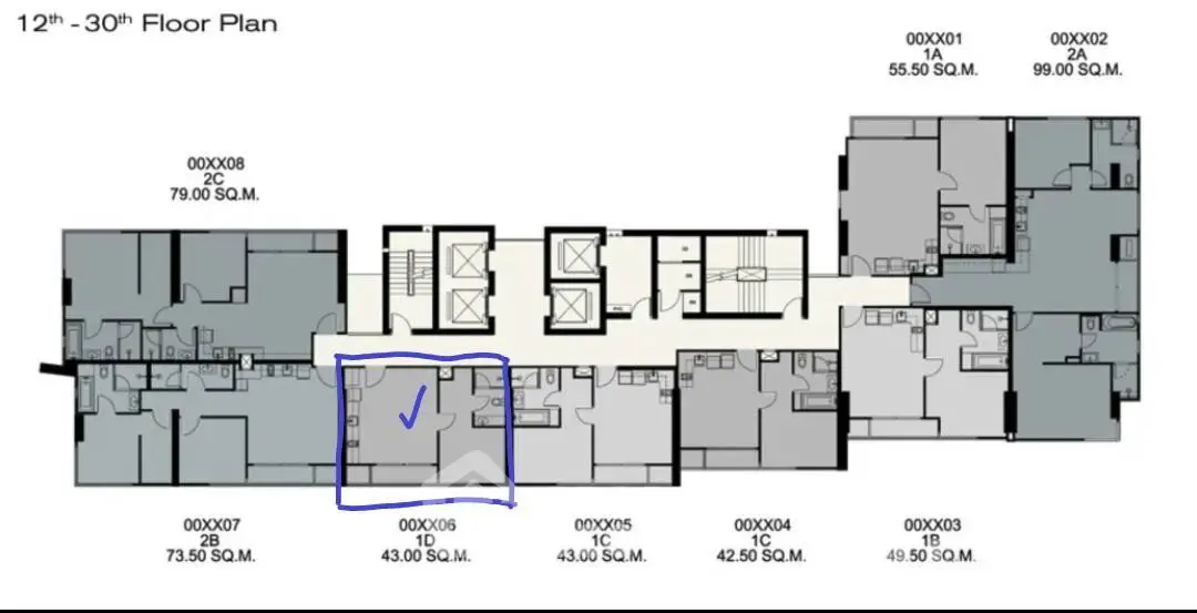 Floor plan of a multi-unit building with highlighted apartment layout.