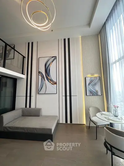 Luxurious modern living room with high ceilings and elegant decor