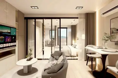 Modern open-plan living room with stylish decor and natural light