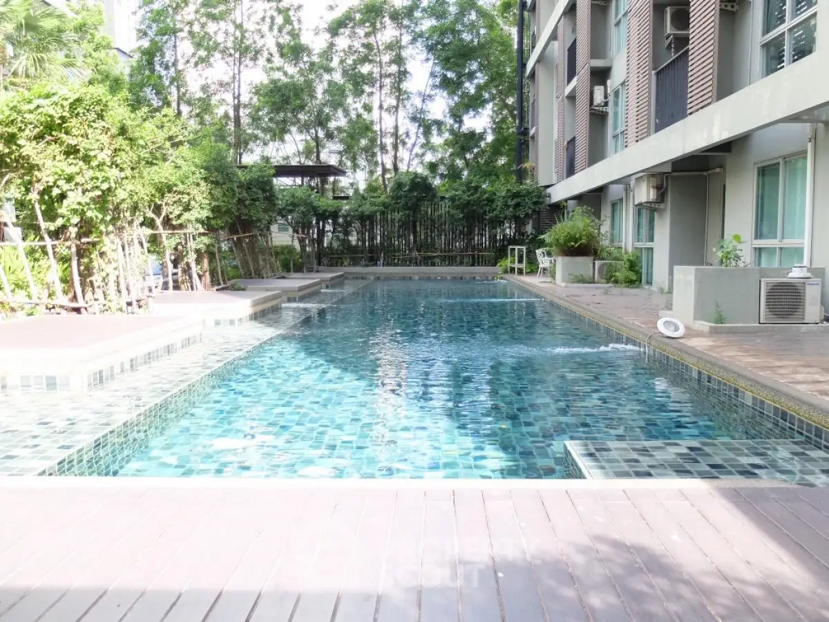 Luxurious residential pool area with modern design and lush greenery