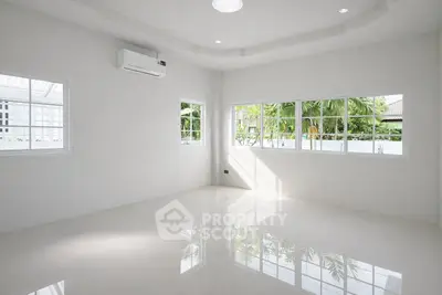 Spacious empty room with large windows and air conditioning, perfect for customization.