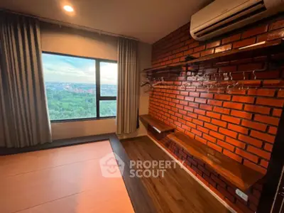 Stylish bedroom with brick accent wall and scenic window view