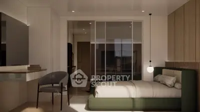 Modern bedroom with stylish green bed and sleek sliding glass doors