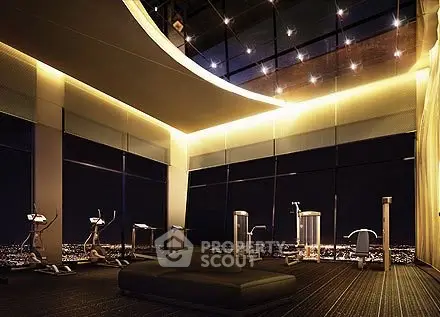 Luxurious high-rise gym with panoramic city views and modern fitness equipment.
