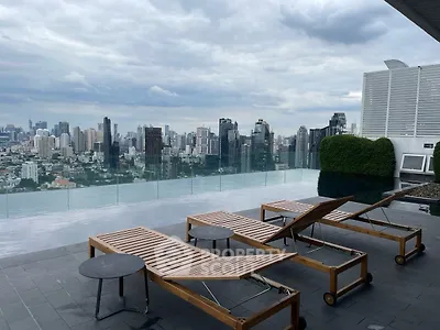 Luxurious rooftop pool with stunning city skyline view and modern lounge chairs.