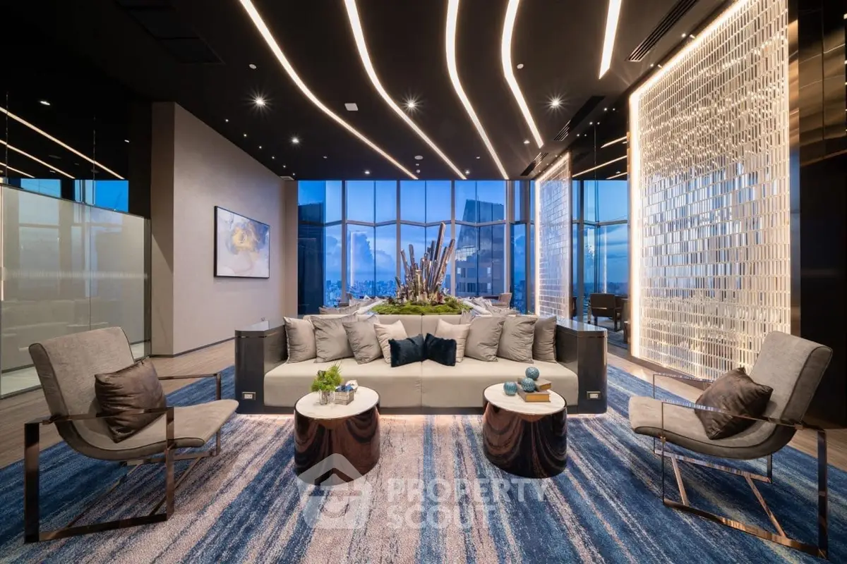 Luxurious modern living room with stunning city view and elegant decor