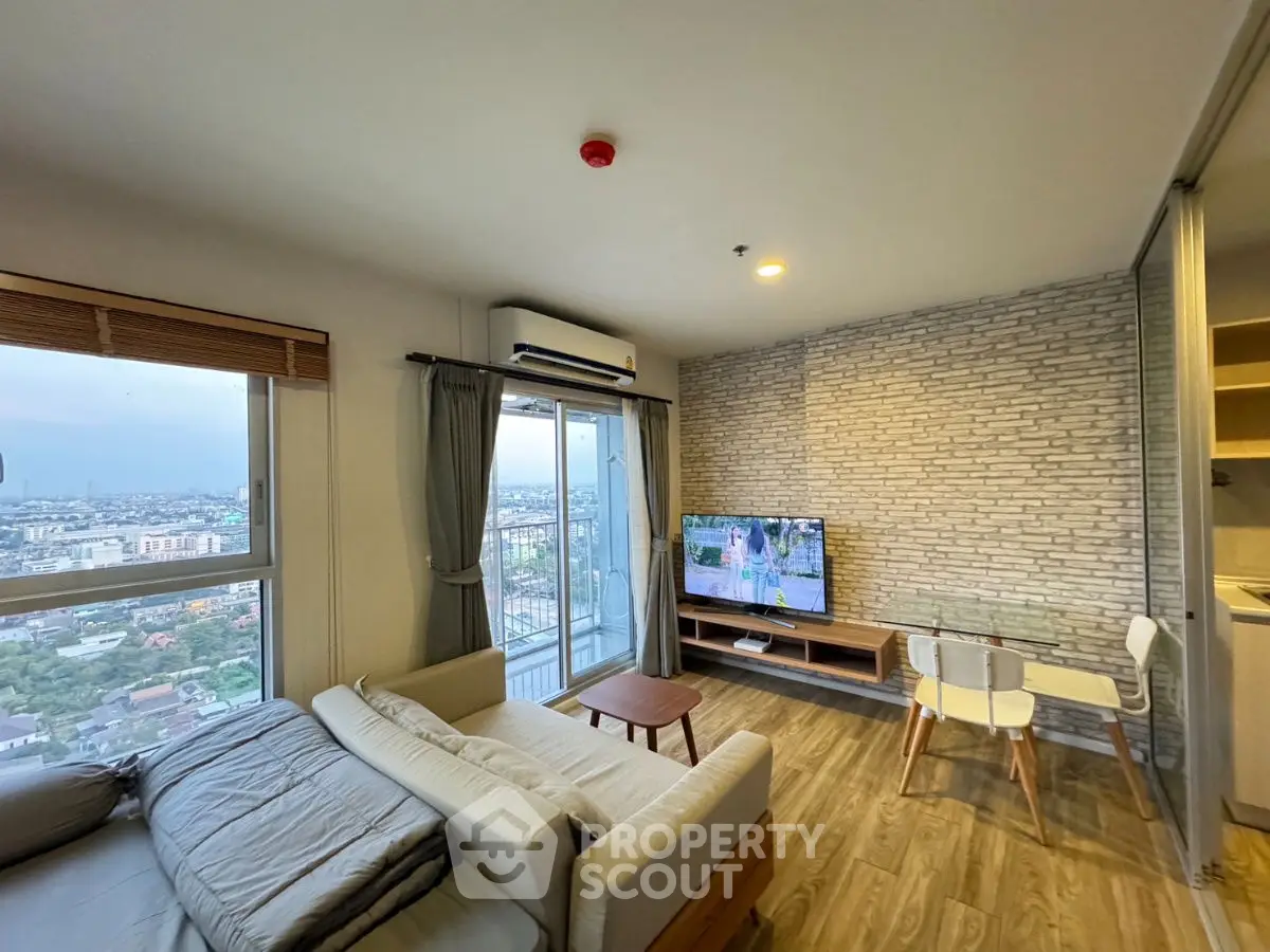 Modern living room with panoramic city view and stylish decor