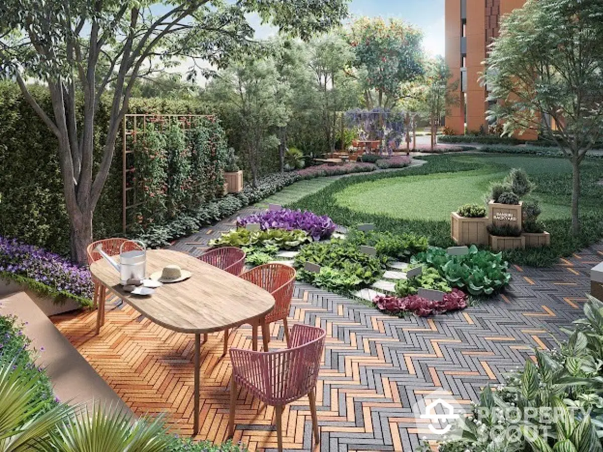 Luxurious garden with elegant outdoor dining set and lush greenery in modern residential complex.