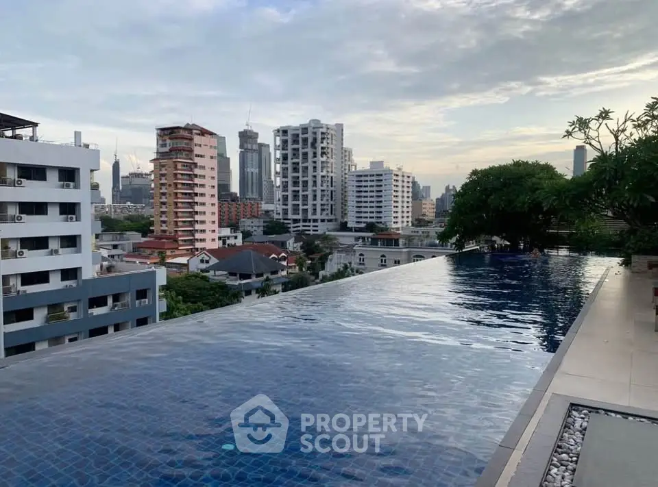 Stunning rooftop infinity pool with city skyline views at sunset, perfect for luxury urban living.
