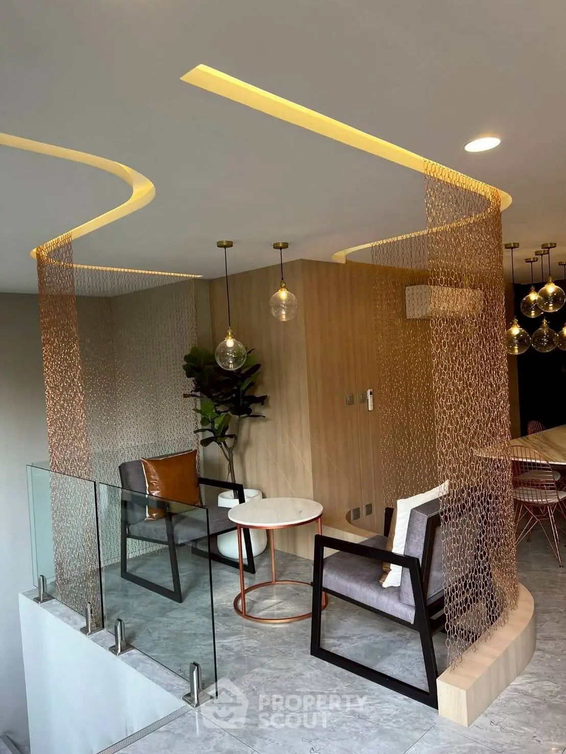Modern living room with stylish decor and elegant lighting in a contemporary home.