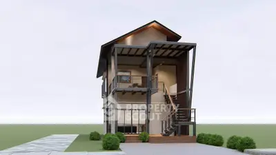 Modern two-story house with sleek design and large windows, surrounded by greenery.