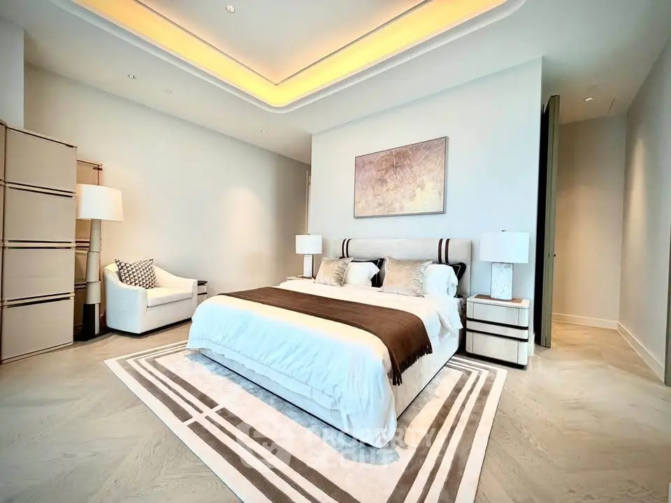 Luxurious modern bedroom with elegant decor and ambient lighting