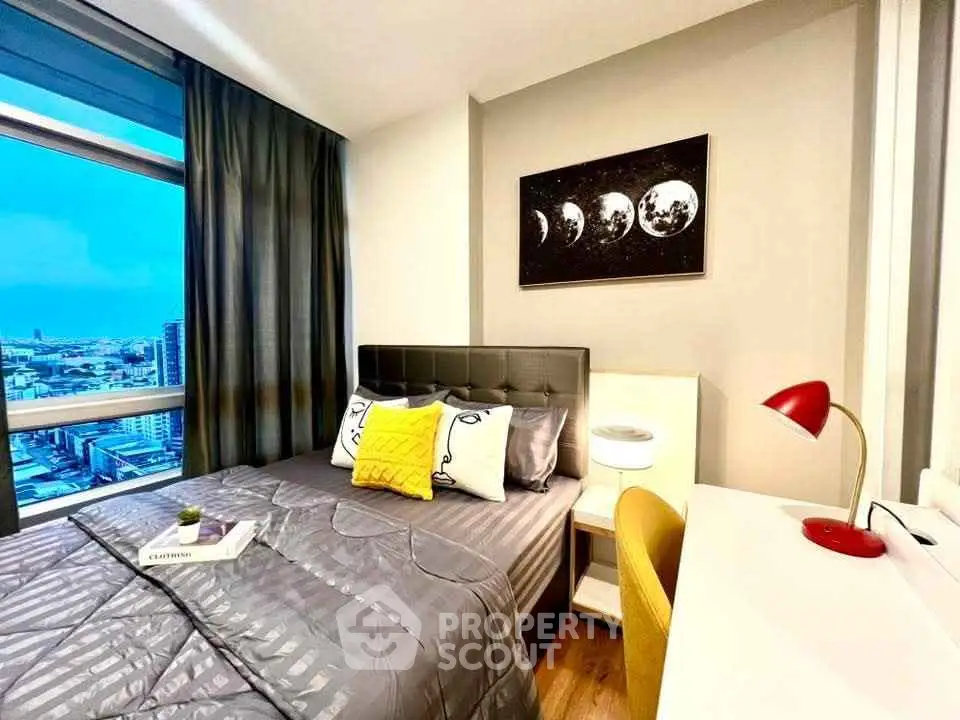 Modern bedroom with city view, stylish decor, and cozy ambiance.