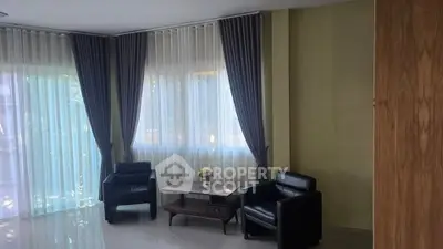 Elegant living room with large windows and modern furniture