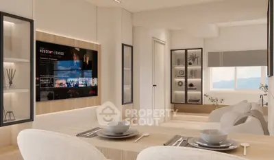 Modern living room with sleek design, large TV, and elegant dining area, offering a cozy and stylish ambiance.