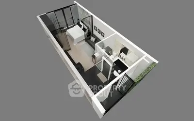 Modern studio apartment 3D layout with bedroom, living area, and bathroom.