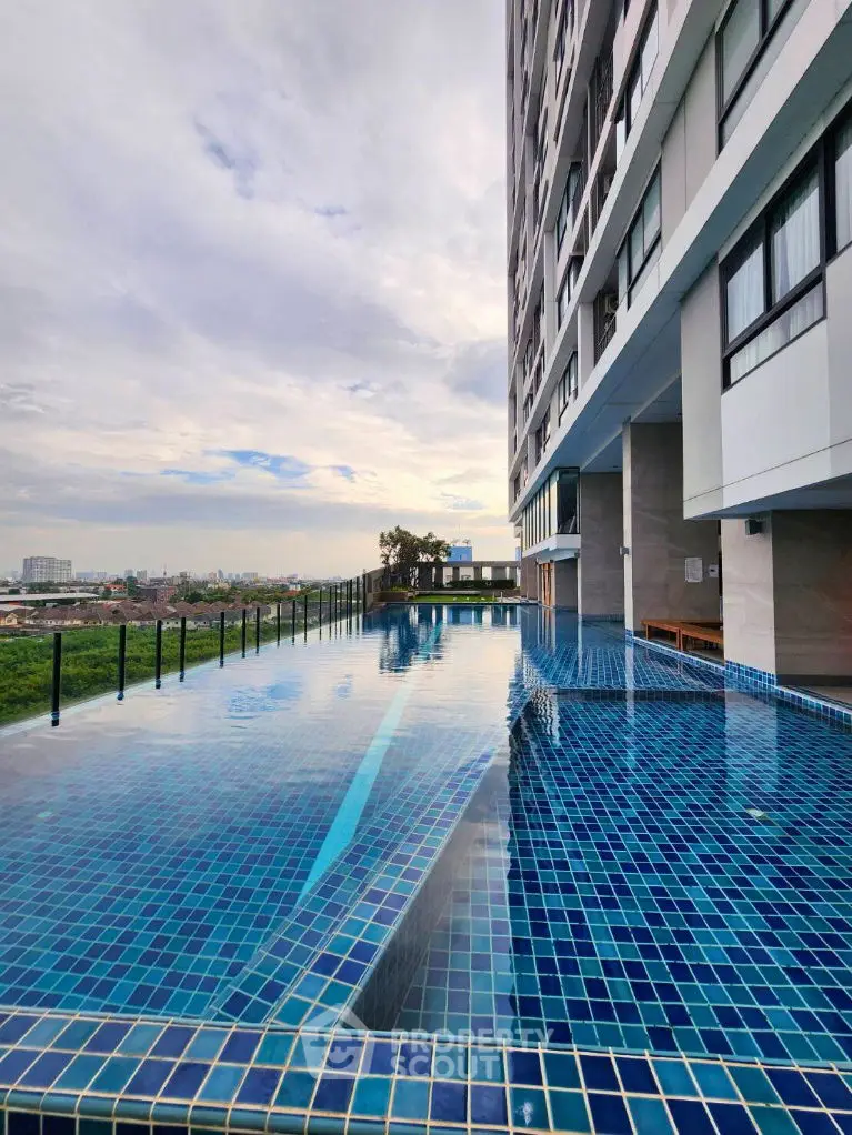 Stunning rooftop infinity pool with panoramic city views in modern high-rise building.