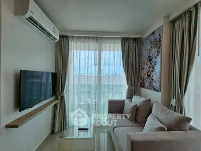 Modern living room with sleek design and balcony view