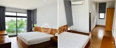 Spacious bedroom with large windows and wooden furniture, offering serene garden views.