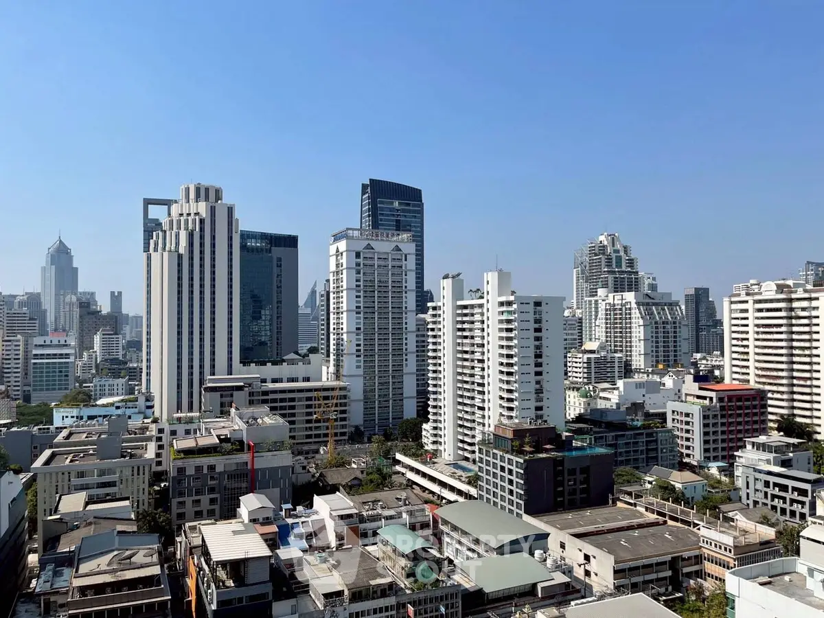 Stunning cityscape view showcasing modern high-rise buildings under a clear blue sky.