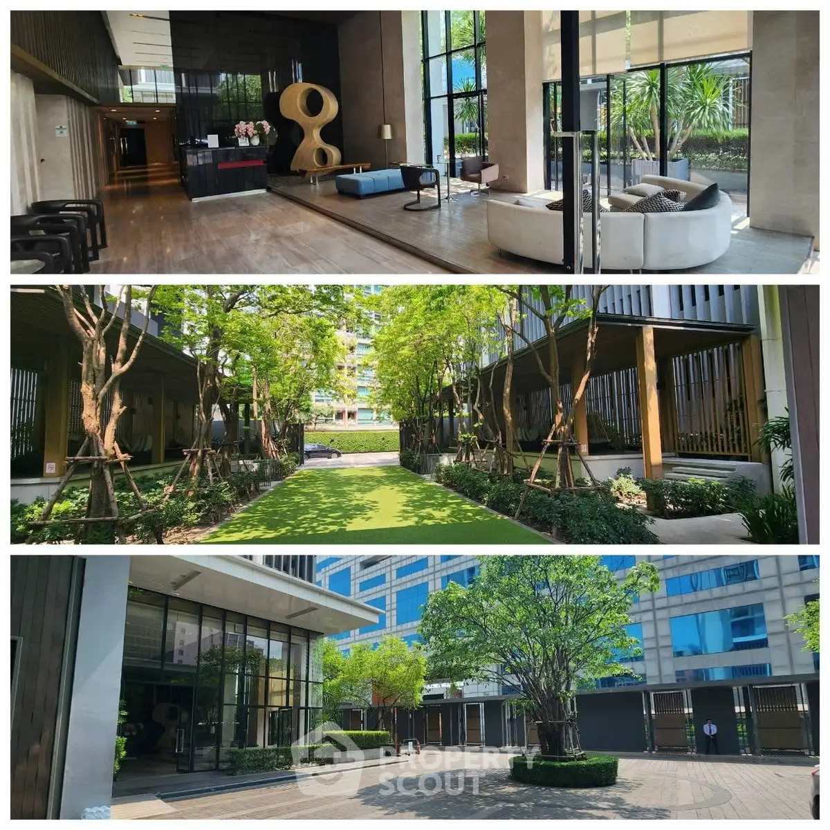 Luxurious modern building with elegant lobby, lush garden, and stylish entrance.