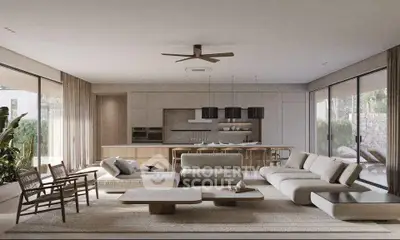 Luxurious open-plan living room with modern furniture and garden view