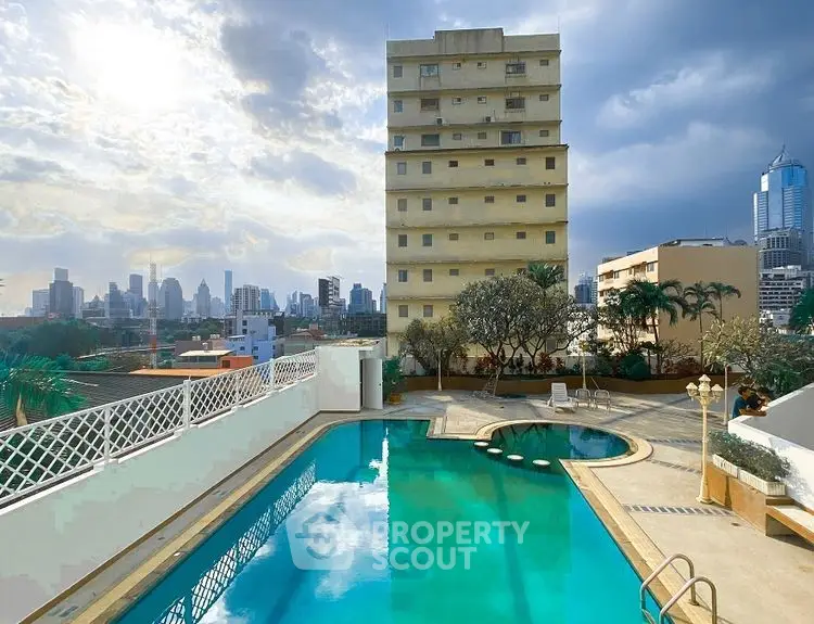 Stunning rooftop pool with city skyline view, perfect for relaxation and leisure.