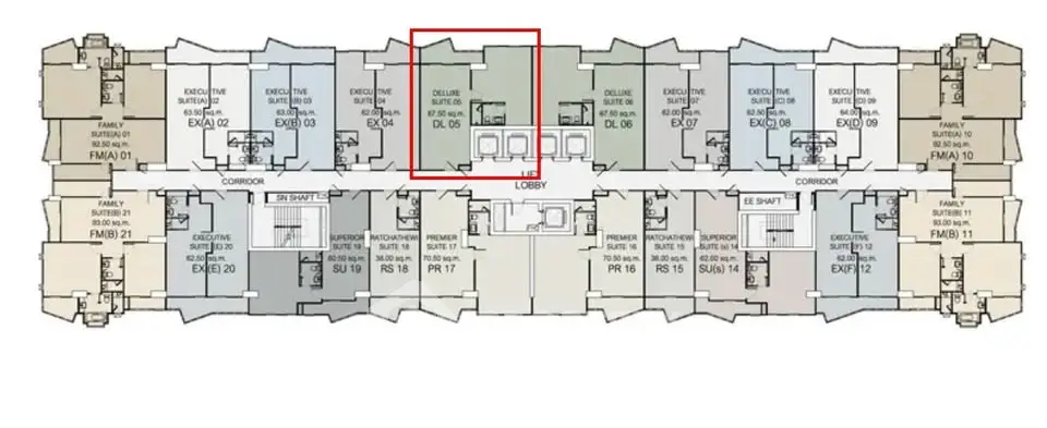Detailed floor plan layout of a modern apartment building with multiple units and corridors.