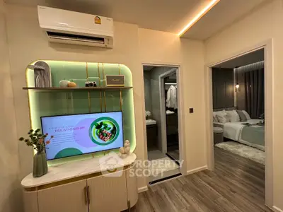 Modern apartment interior with stylish decor and cozy bedroom view
