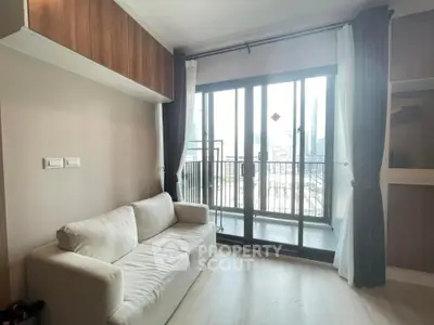 Modern living room with city view and cozy sofa in high-rise apartment